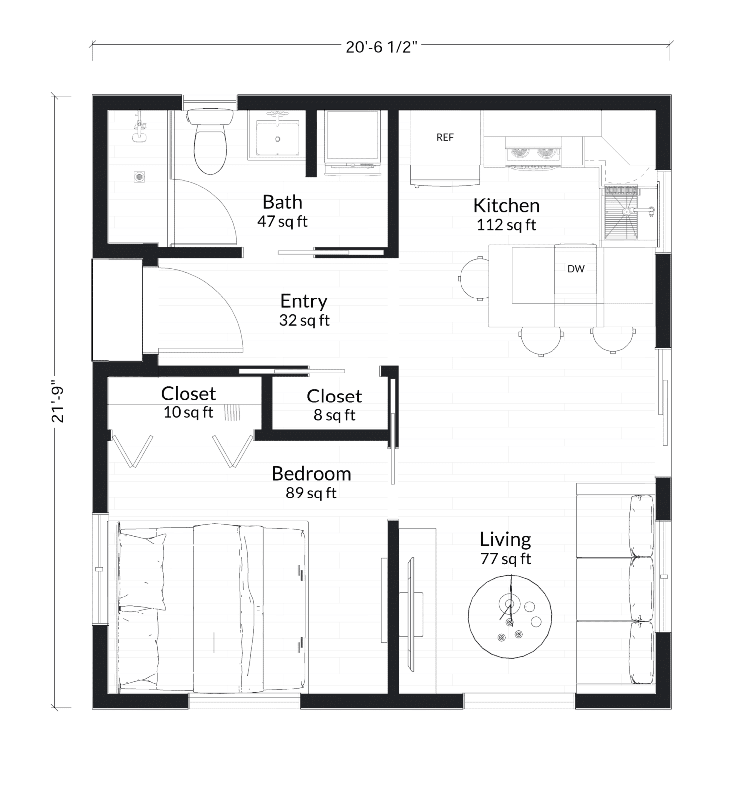 1 Bedroom 450 SFFloor Plan