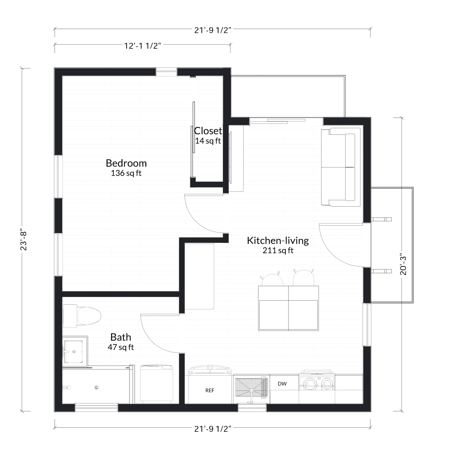 M-431: 1 Bedroom 431 SF ADUFloor Plan