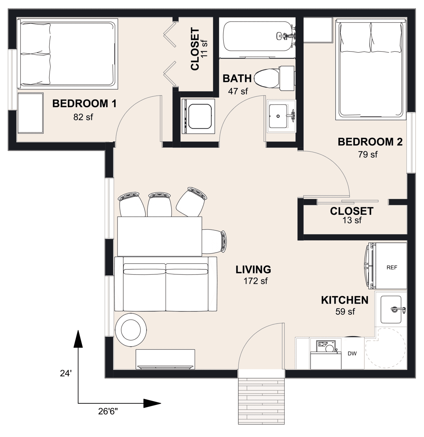 L-545: 2 Bedroom 543 SF ADUFloor Plan