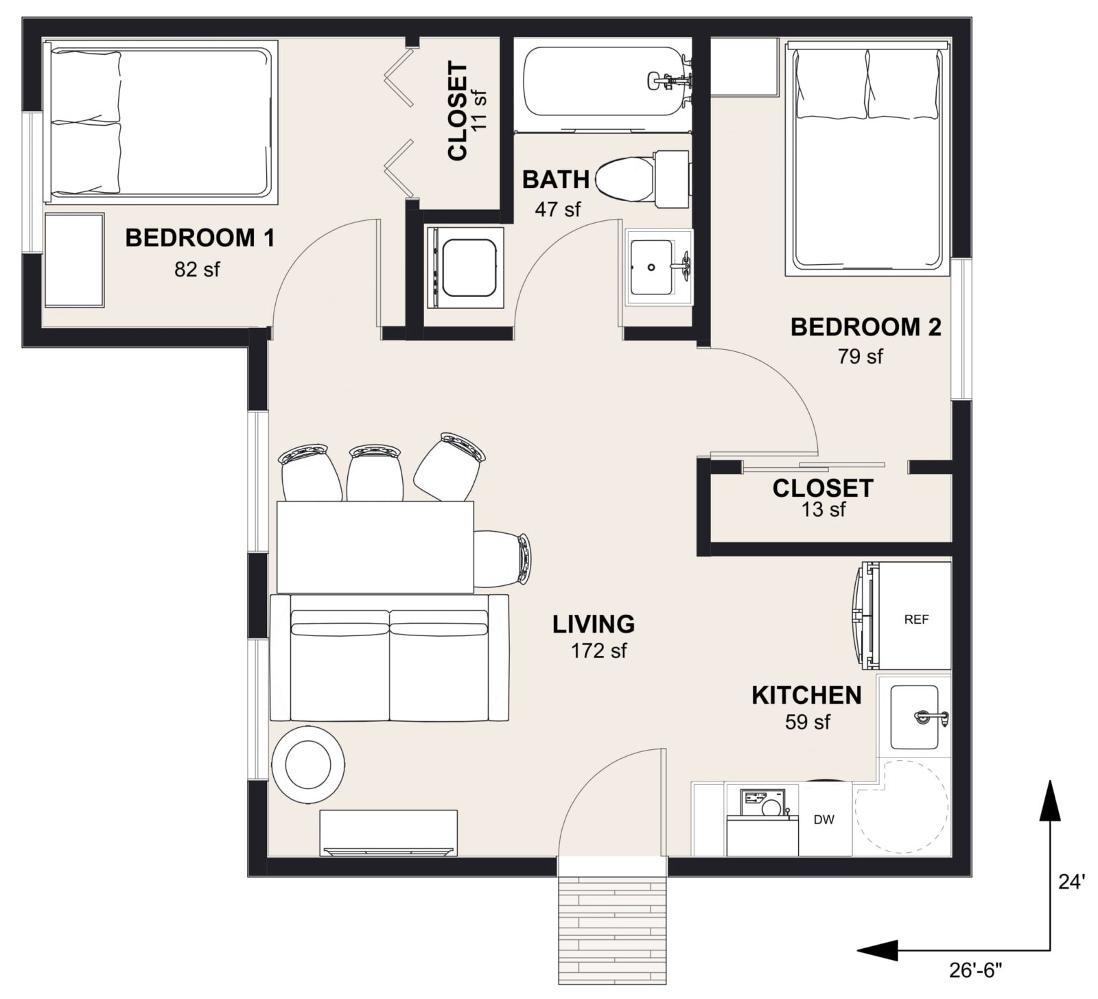 L-545: 2 Bedroom 543 SF ADUFloor Plan