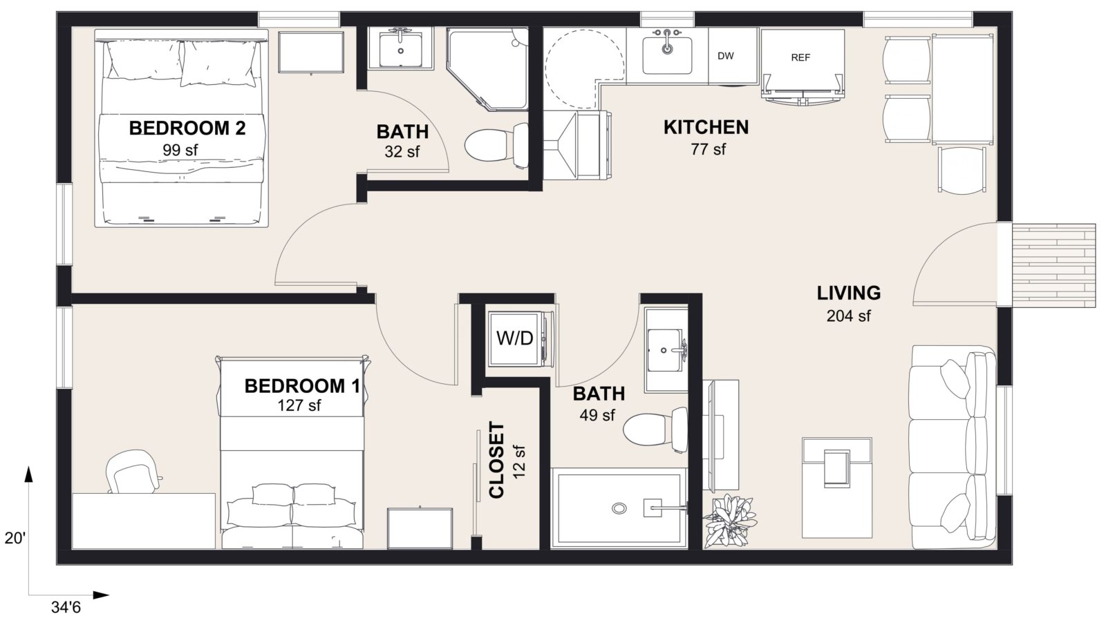 L-690: 2 Bedroom 690 SF ADUFloor Plan