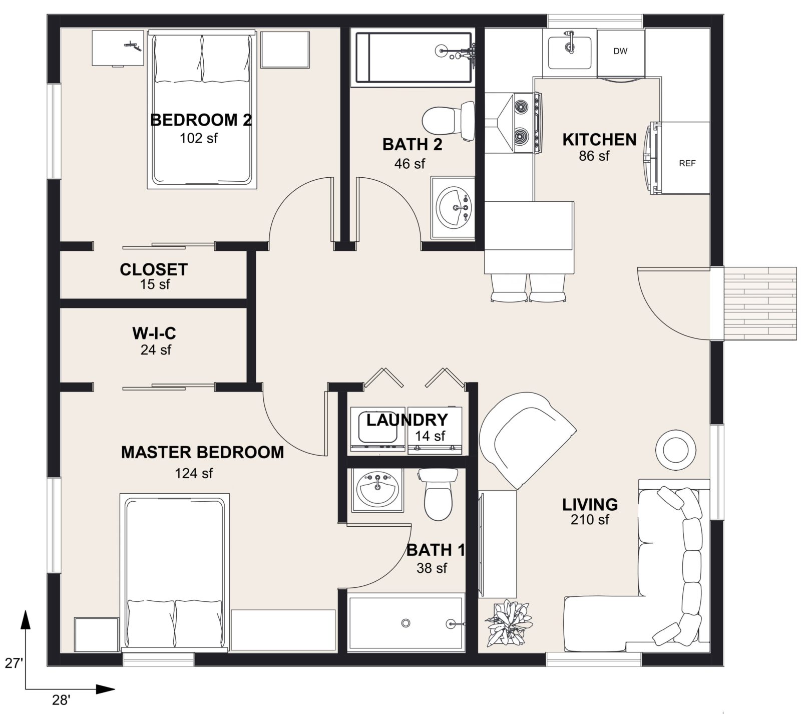 L-760: 2 Bedroom 760 SF ADUFloor Plan