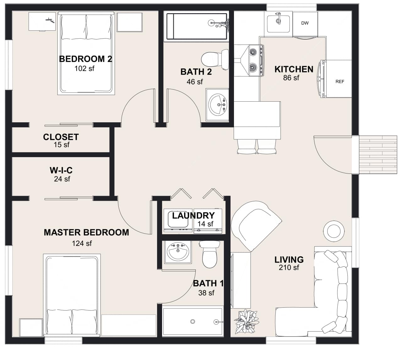 L-760: 2 Bedroom 760 SF ADUFloor Plan