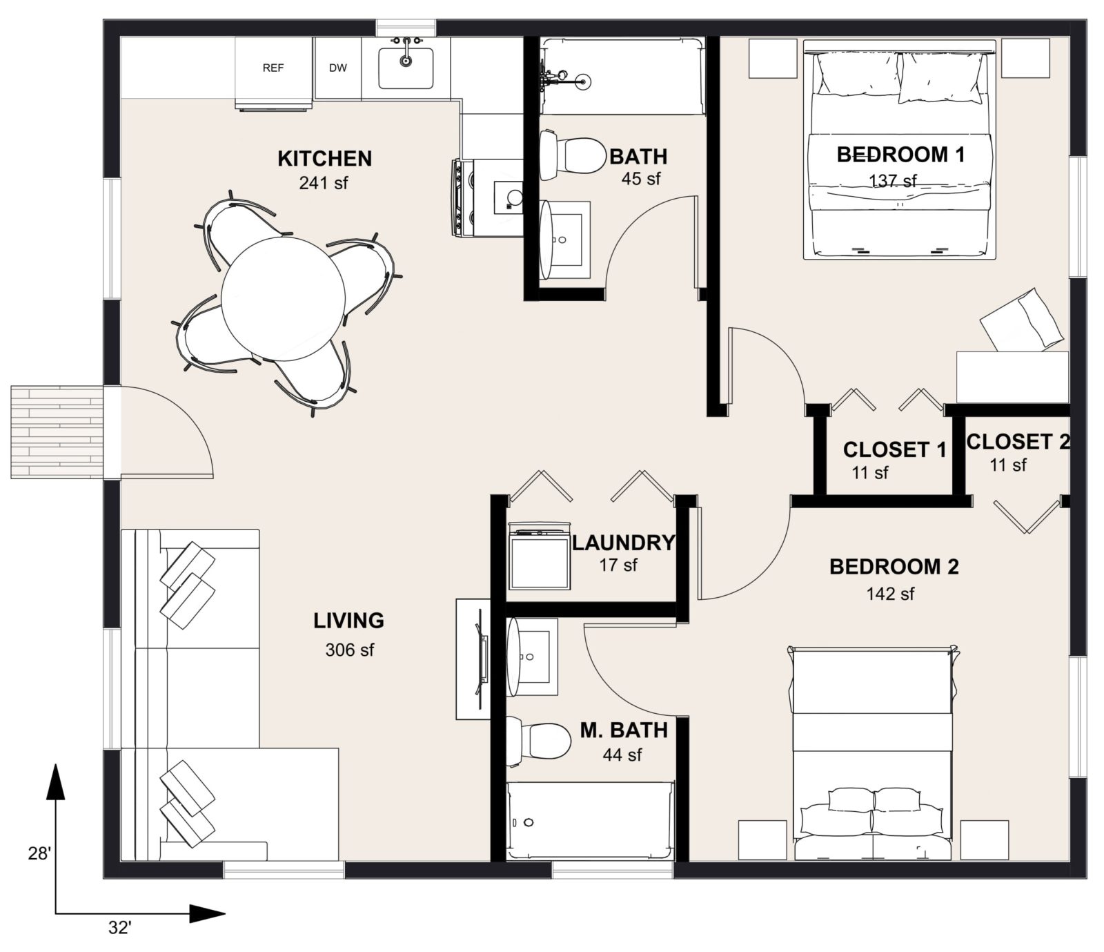 L-900: 2 Bedroom 896 SF ADUFloor Plan