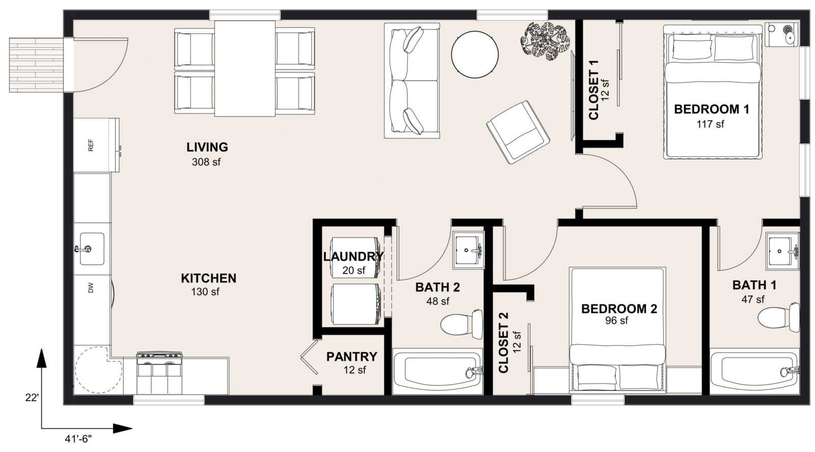 L-920: 2 Bedroom 913 SF ADUFloor Plan