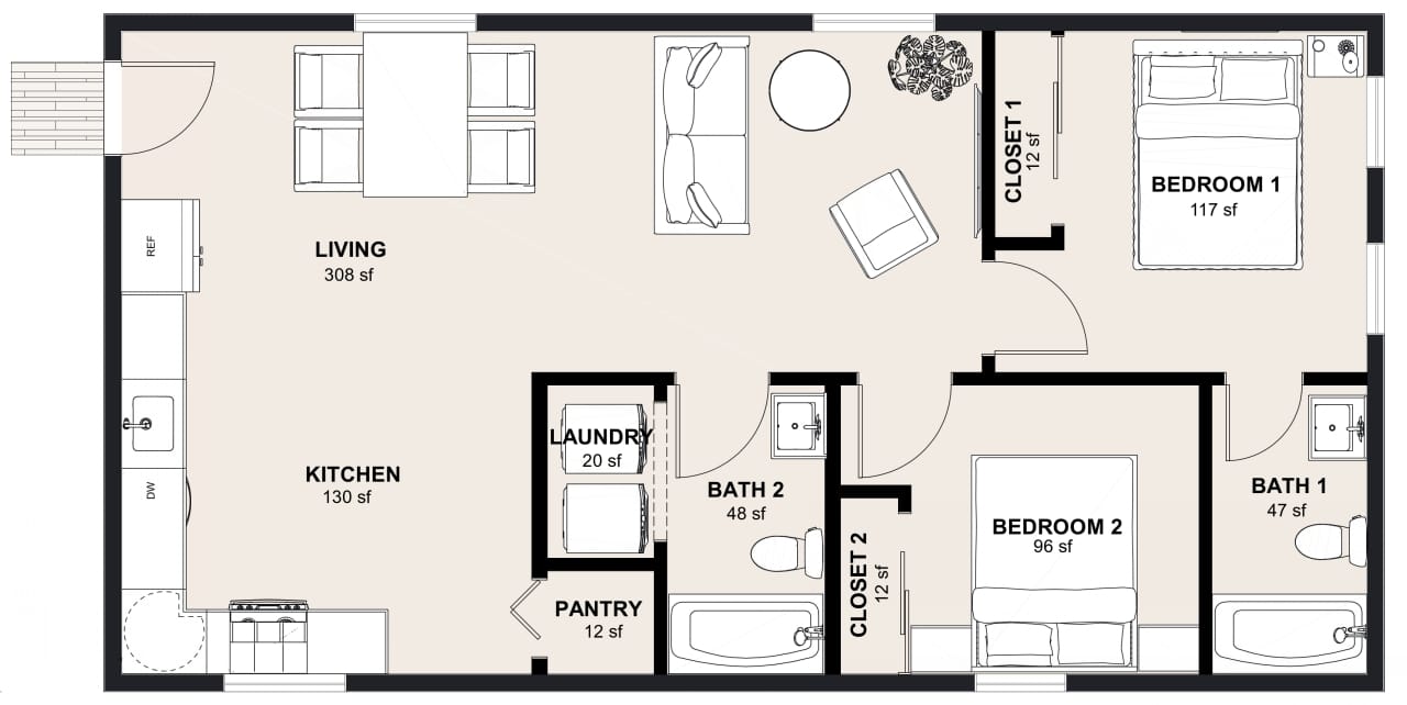 L-920: 2 Bedroom 916 SF ADUFloor Plan