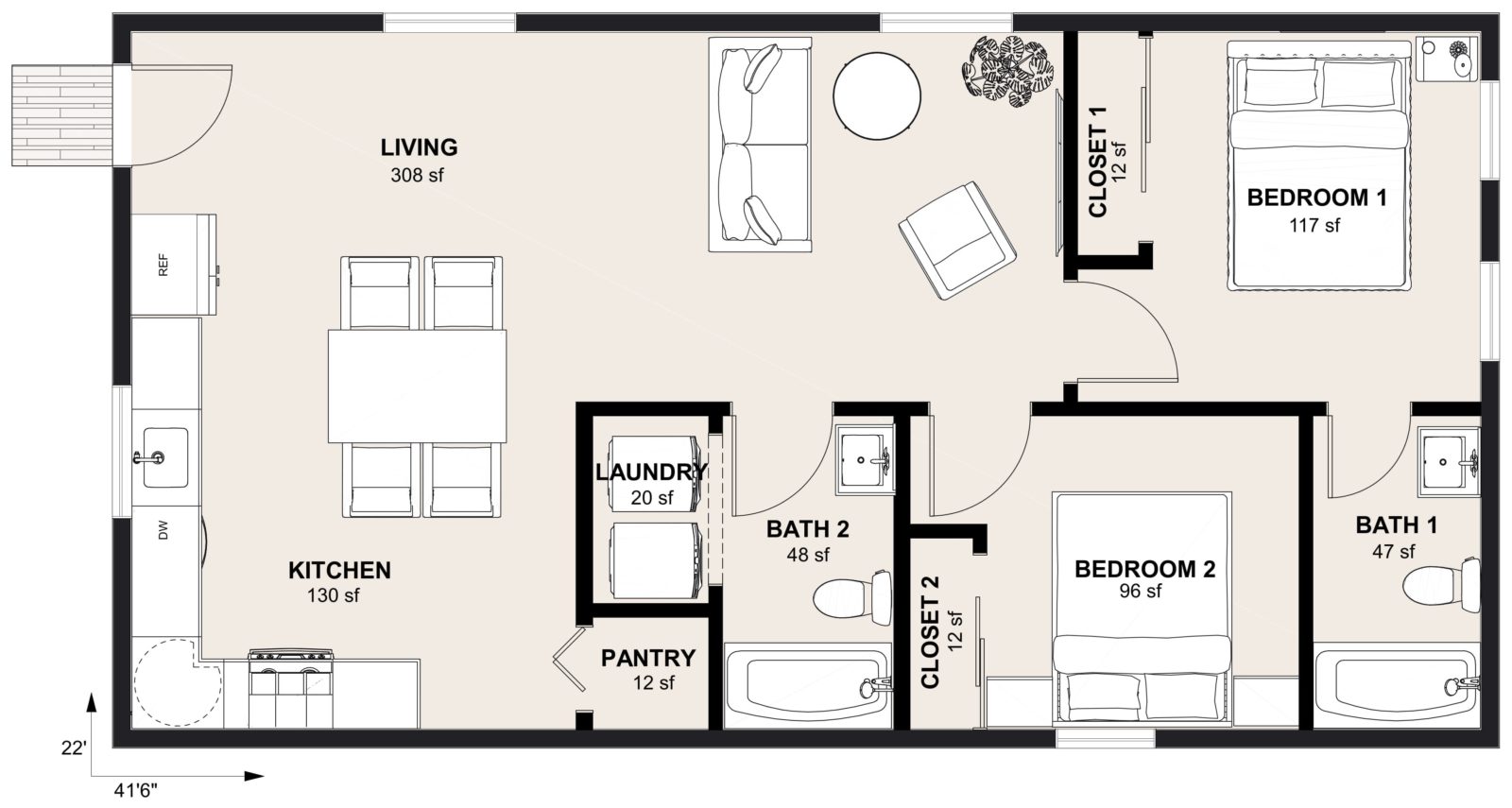 L-920: 2 Bedroom 913 SF ADUFloor Plan