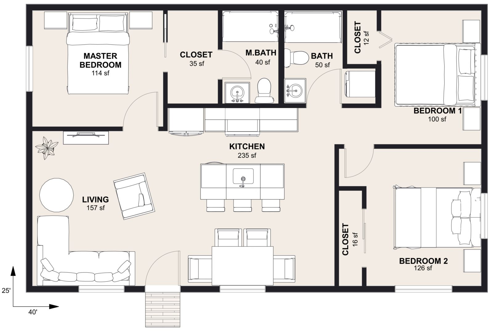 XL-1100: 3 Bedroom 1100 SF ADUFloor Plan