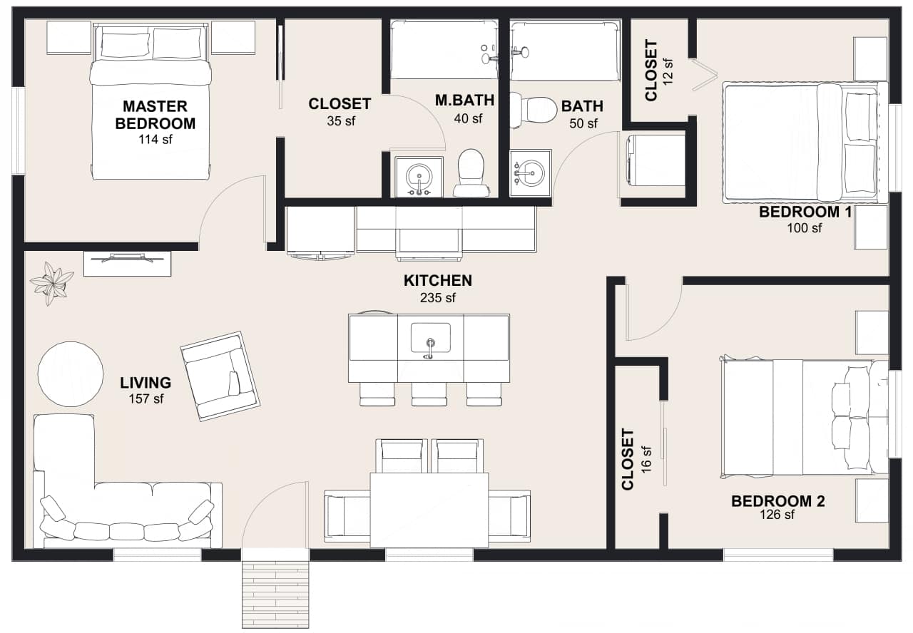 XL-1100: 3 Bedroom 1100 SF ADUFloor Plan