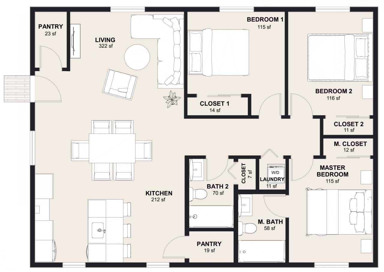 XL-1200: 3 Bedroom 1200 SF ADUFloor Plan