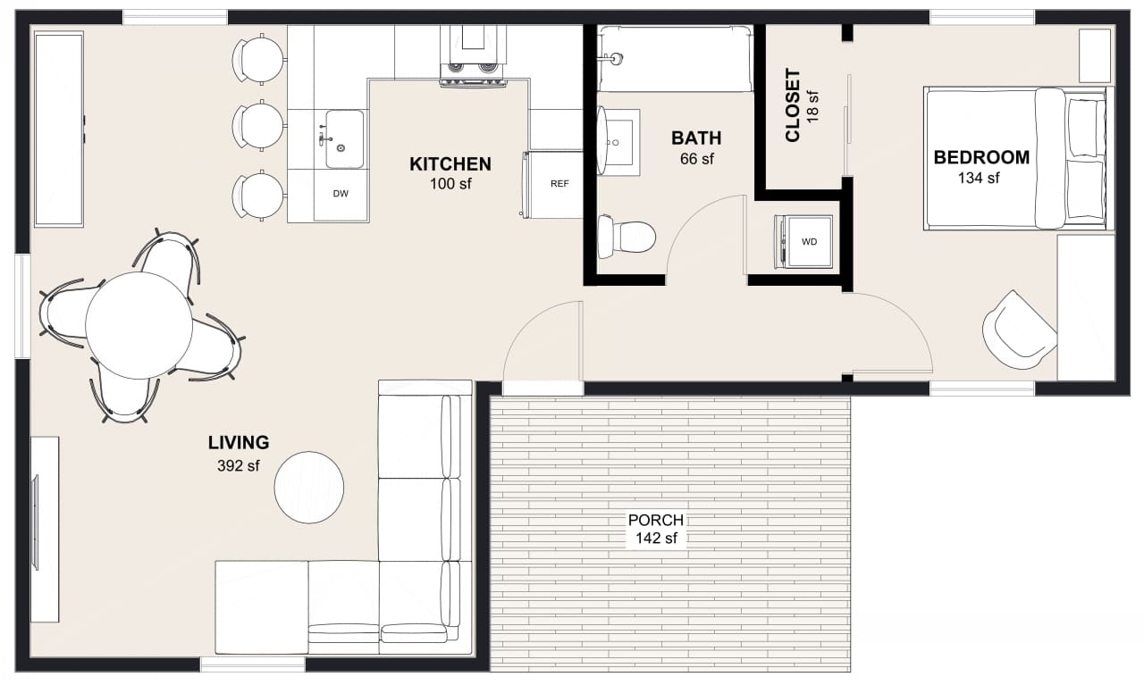 M-800: 1 Bedroom 800 SF ADUFloor Plan