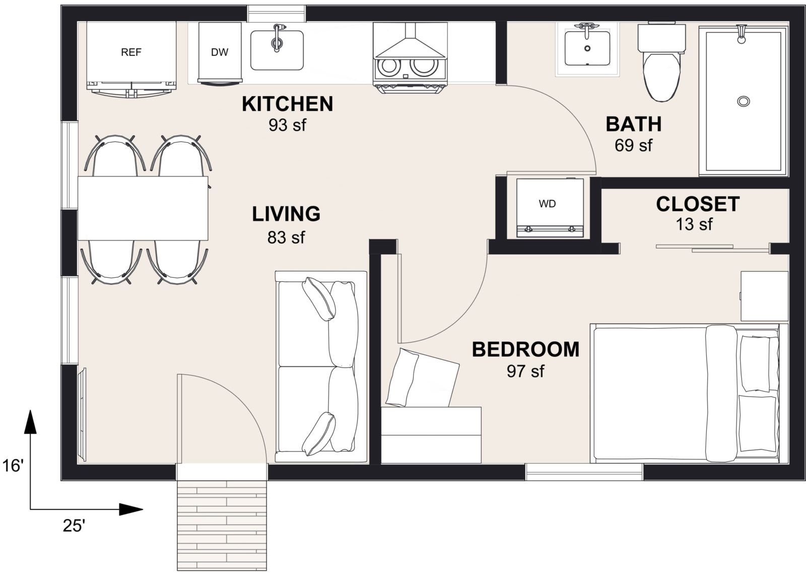 M-400: 1 Bedroom 400 SF ADUFloor Plan