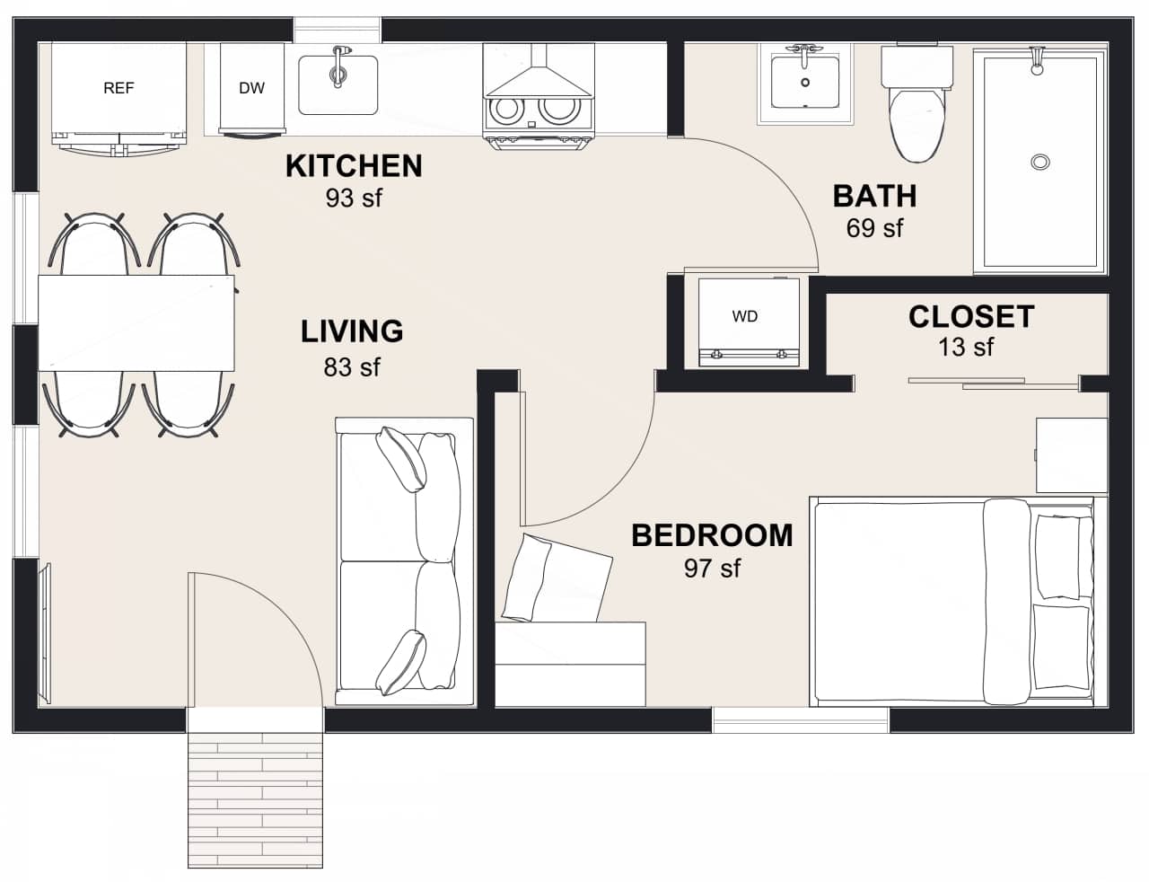 M-400: 1 Bedroom 400 SF ADUFloor Plan