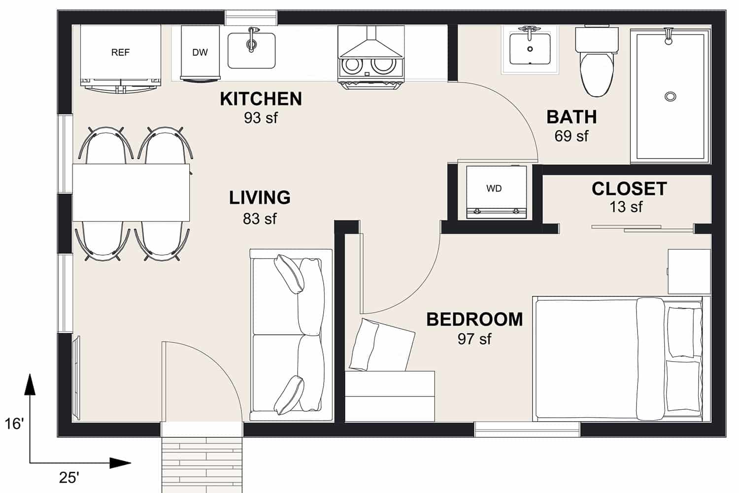 M-400: 1 Bedroom 400 SF ADUFloor Plan