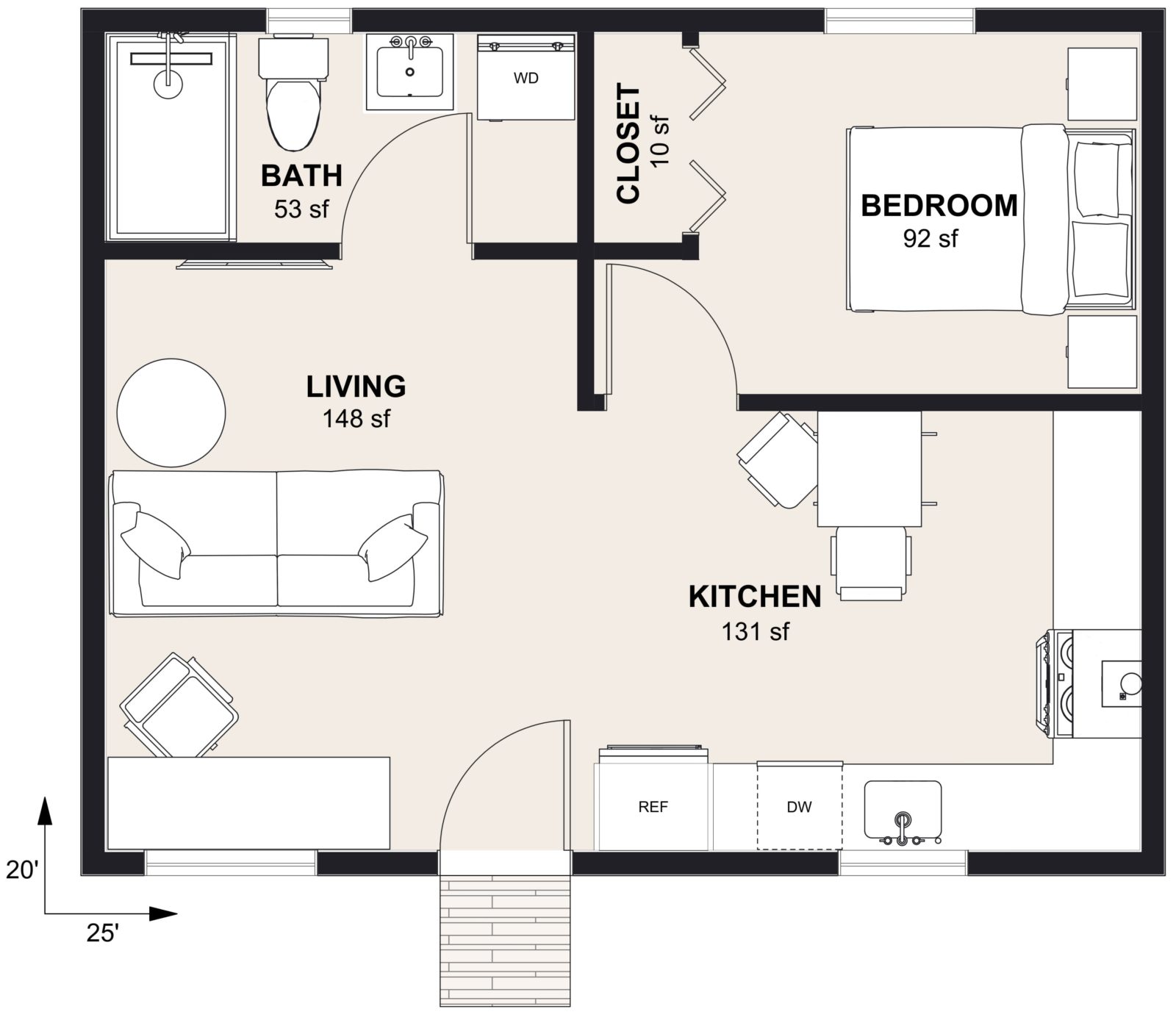 M-500: 1 Bedroom 500 SF ADUFloor Plan