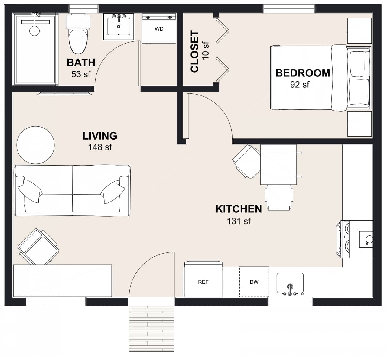 M-500: 1 Bedroom 500 SF ADUFloor Plan