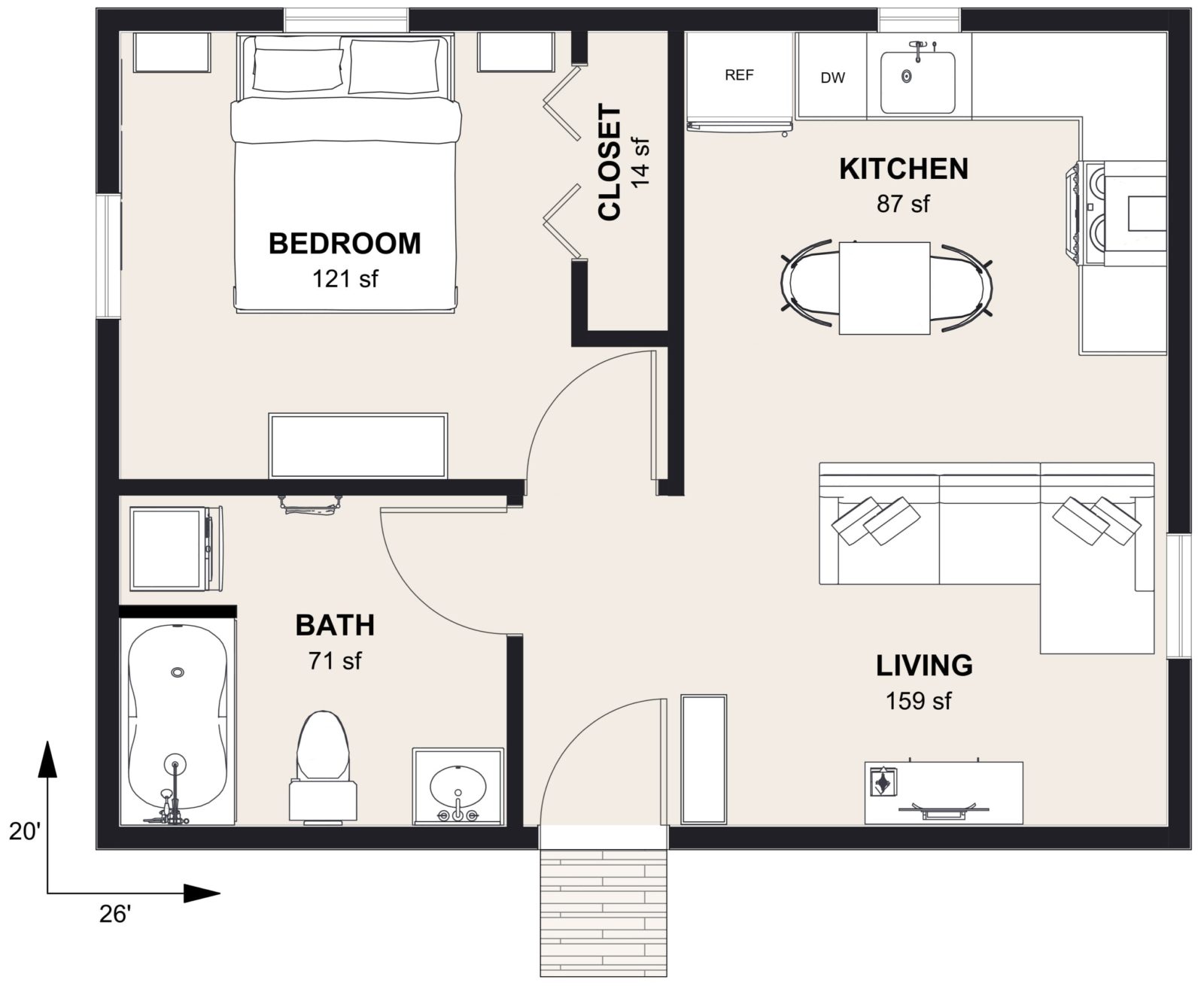 M-520: 1 Bedroom 520 SF ADUFloor Plan