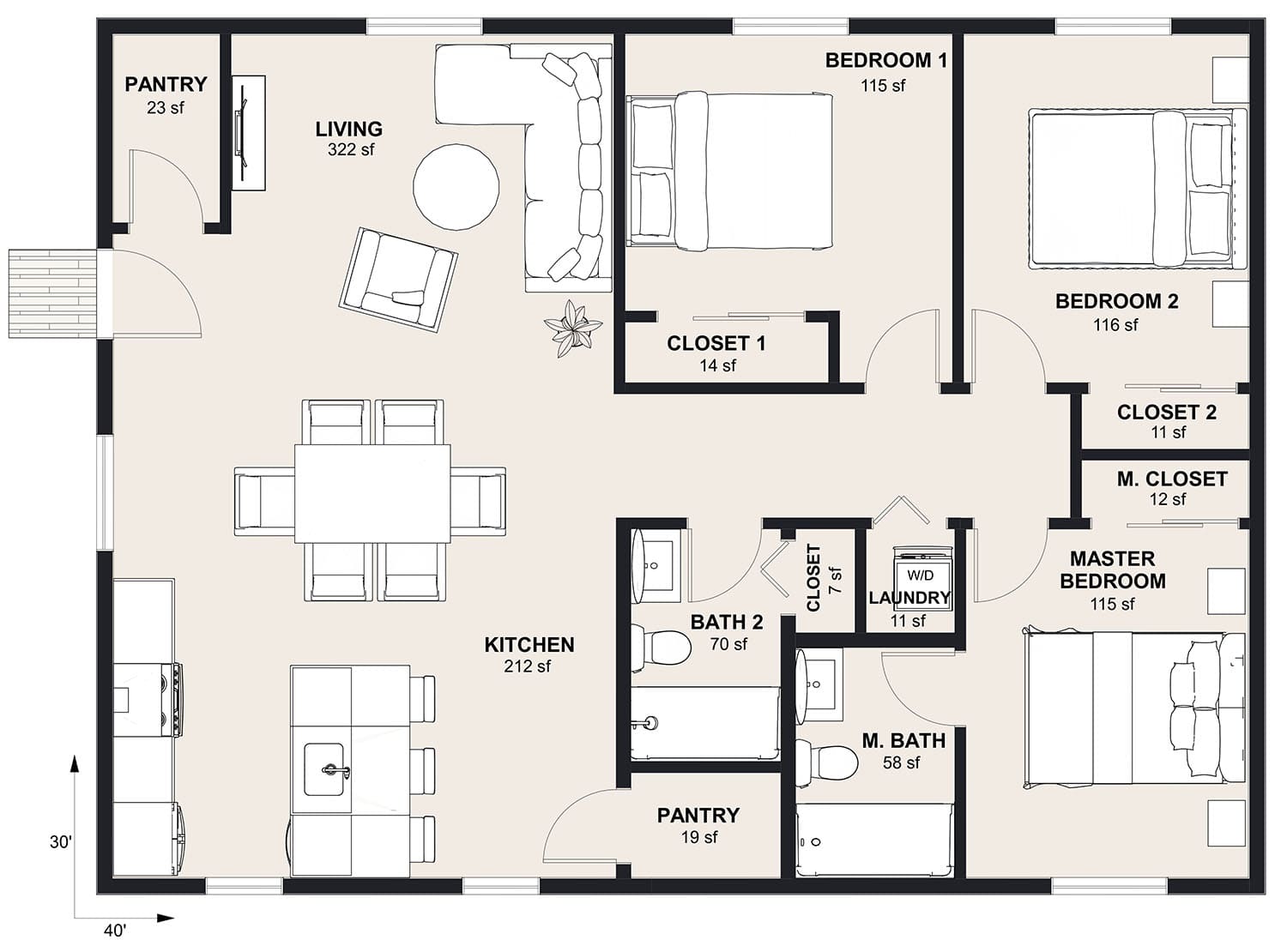 XL-1200: 3 Bedroom 1200 SF ADUFloor Plan