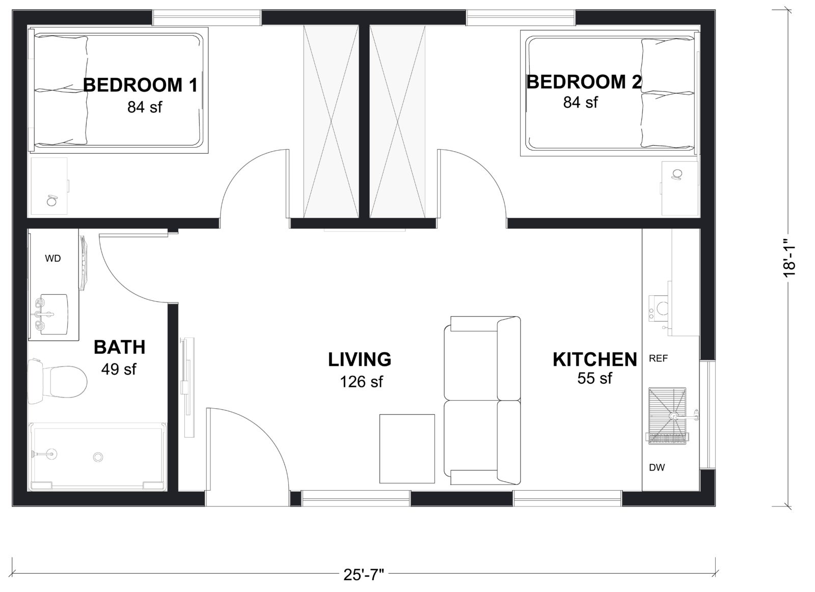 L-465: 2 Bedroom 465 SF ADUFloor Plan