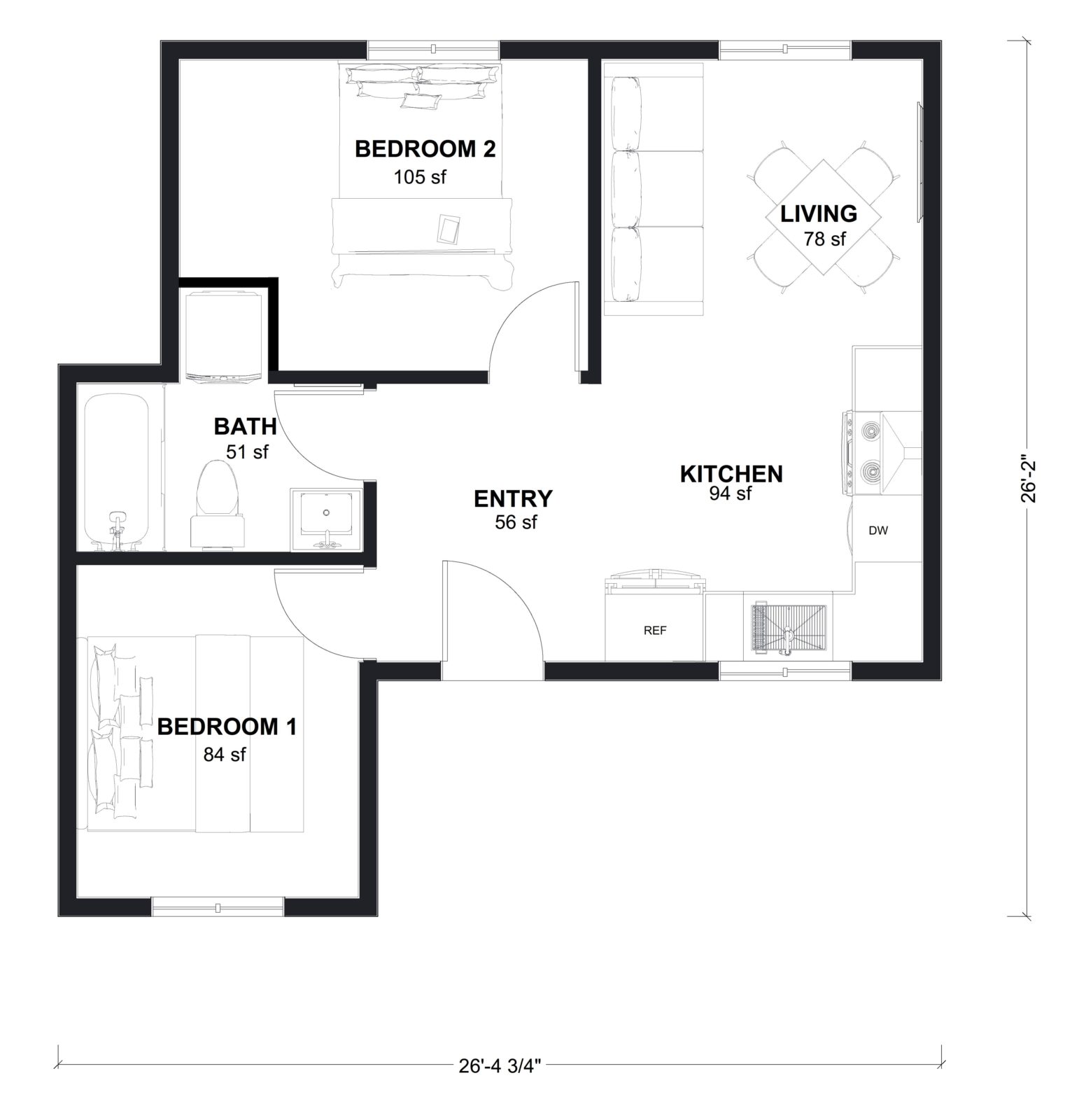 L-545: 2 Bedroom 545 SF ADUFloor Plan