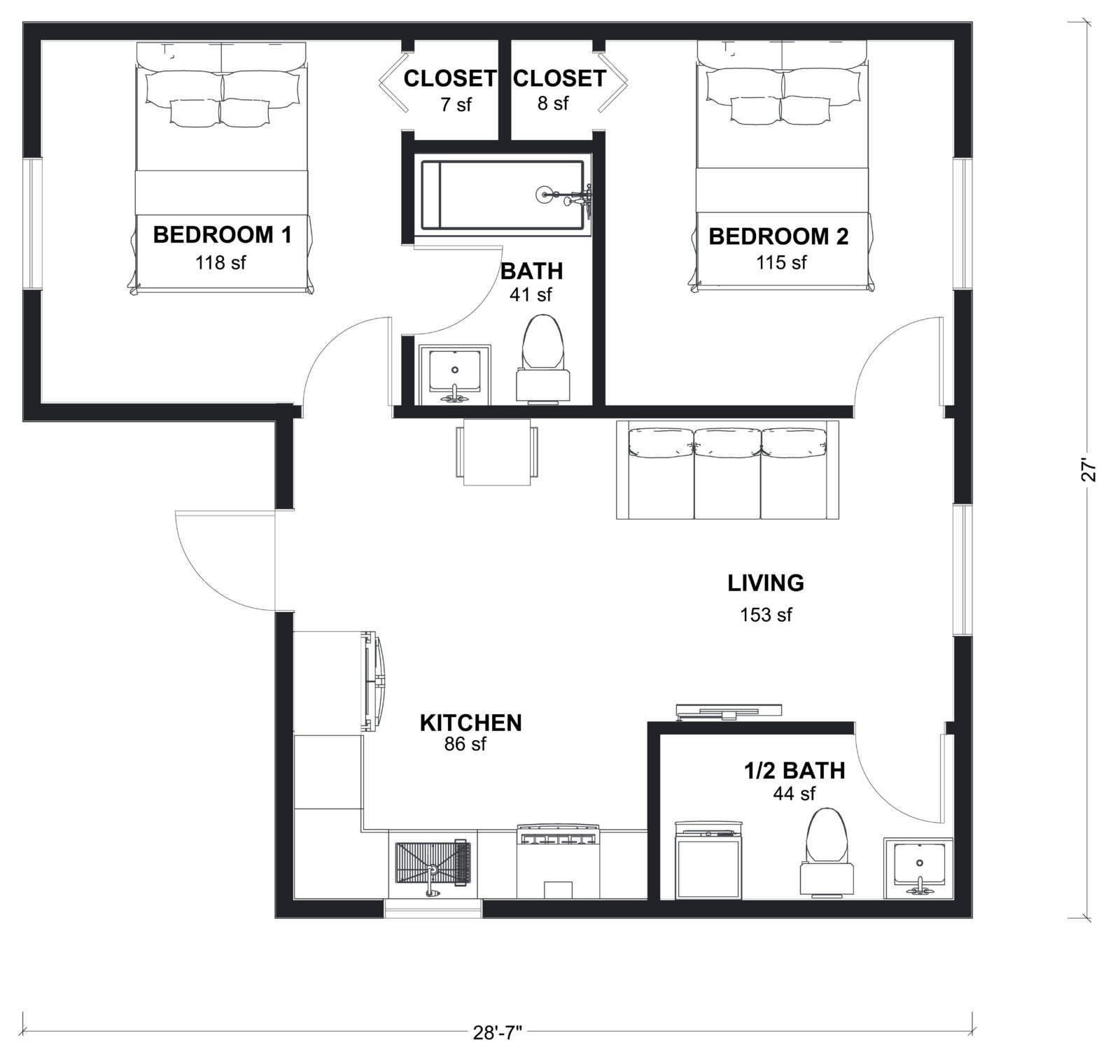 L-660: 2 Bedroom 660 SF ADUFloor Plan