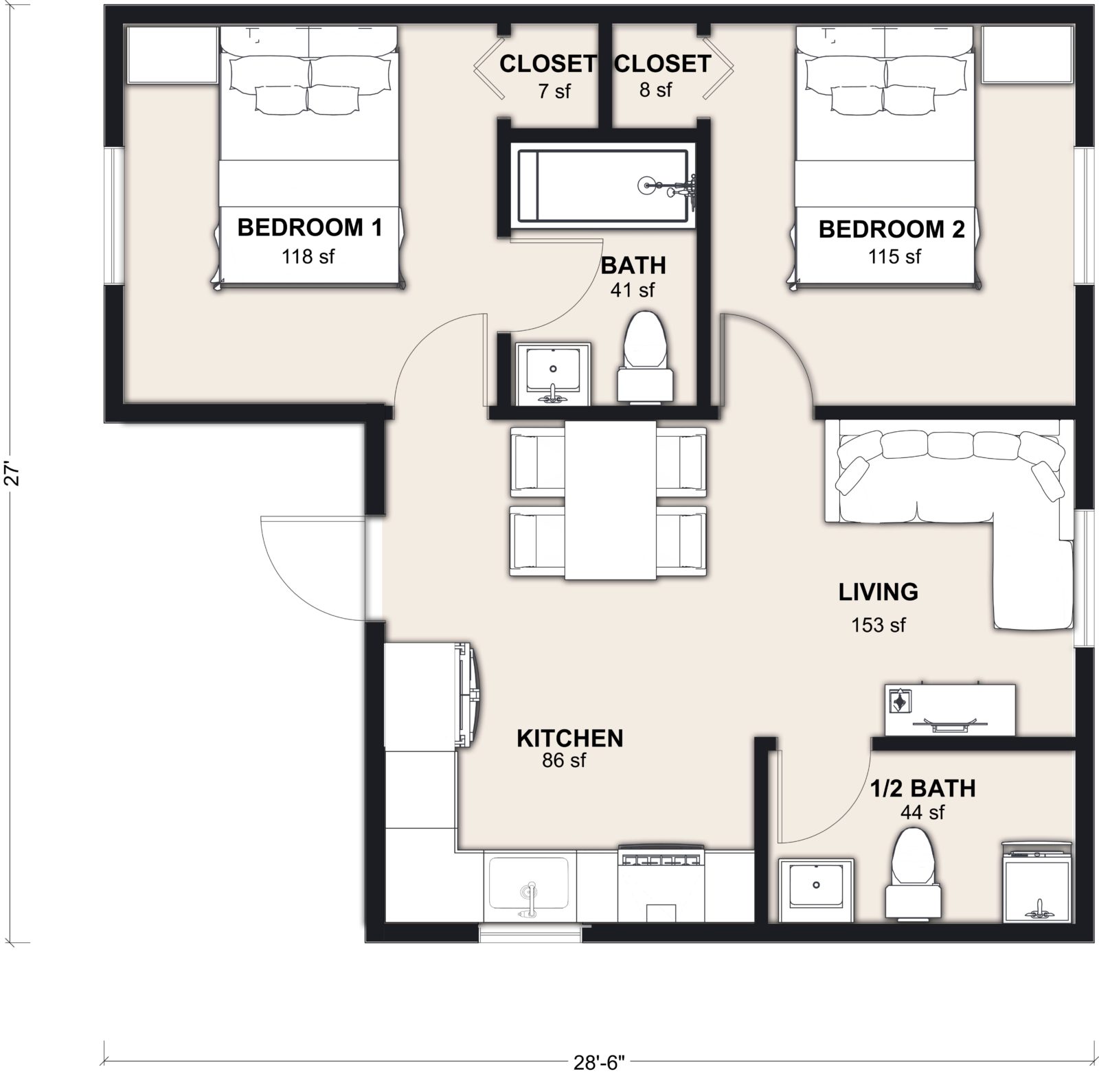 L-660: 2 Bedroom 660 SF ADUFloor Plan