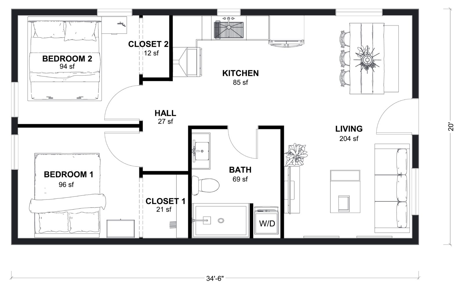 L-690: 2 Bedroom 690 SF ADUFloor Plan