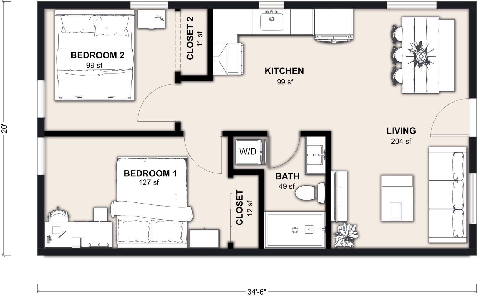 L-690: 2 Bedroom 690 SF ADUFloor Plan