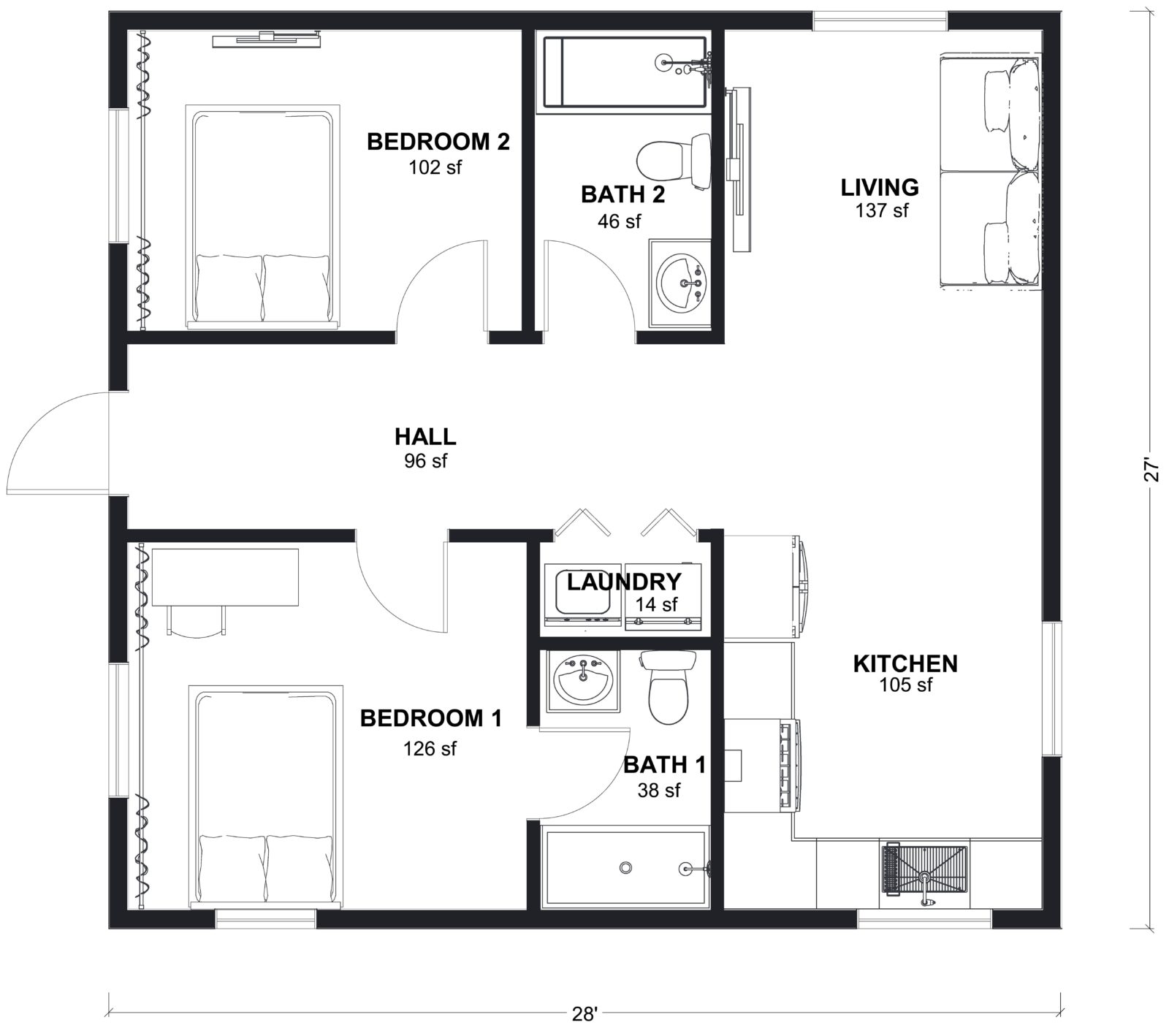 L-760: 2 Bedroom 760 SF ADUFloor Plan