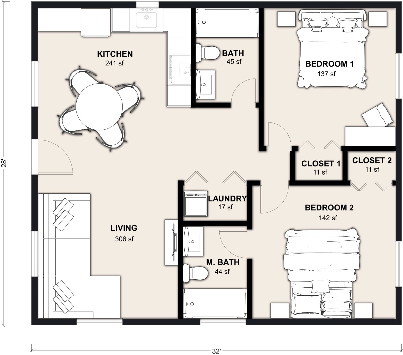 L-900: 2 Bedroom 900 SF ADUFloor Plan