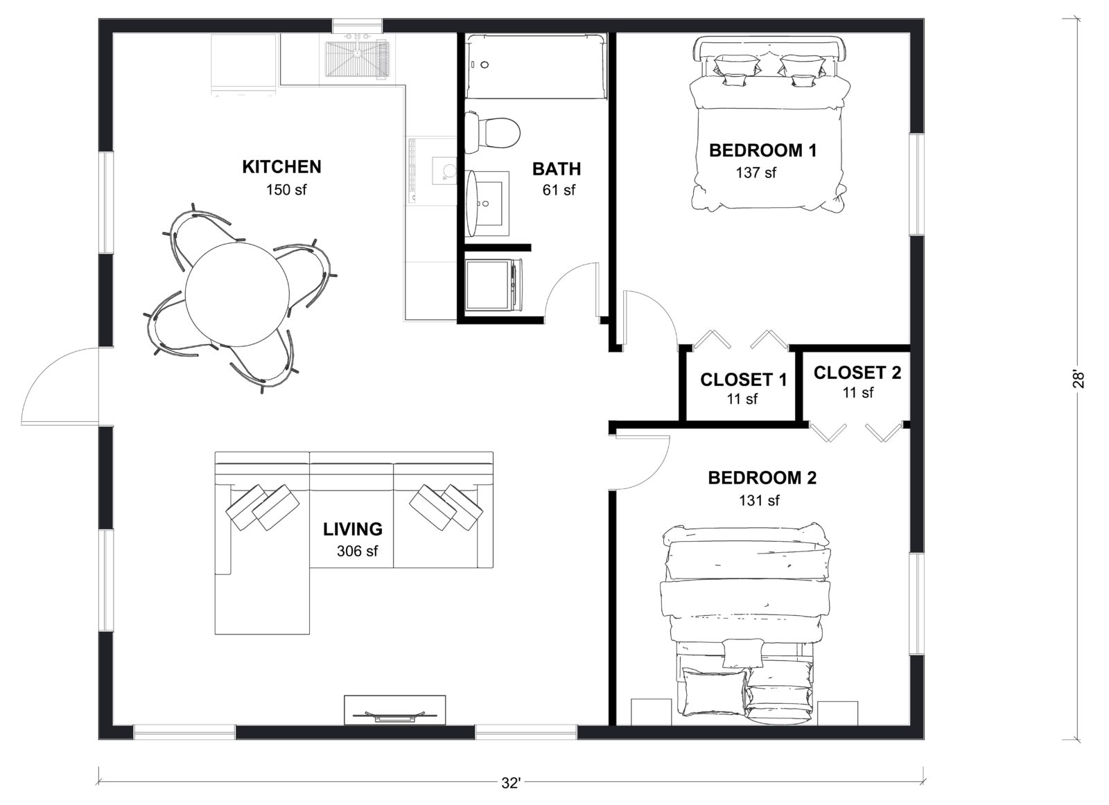 L-900: 2 Bedroom 900 SF ADUFloor Plan