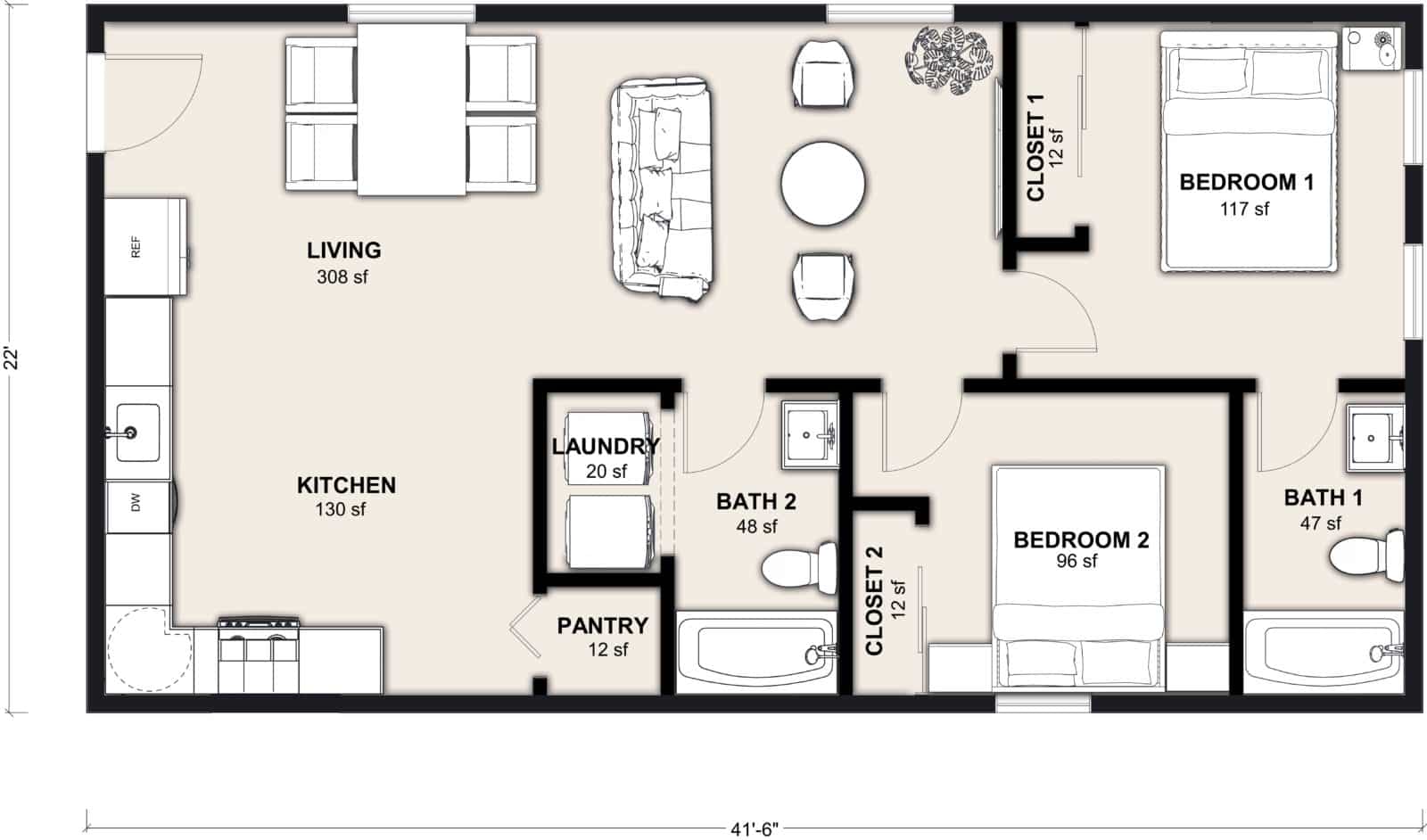 L-920: 2 Bedroom 920 SF ADUFloor Plan