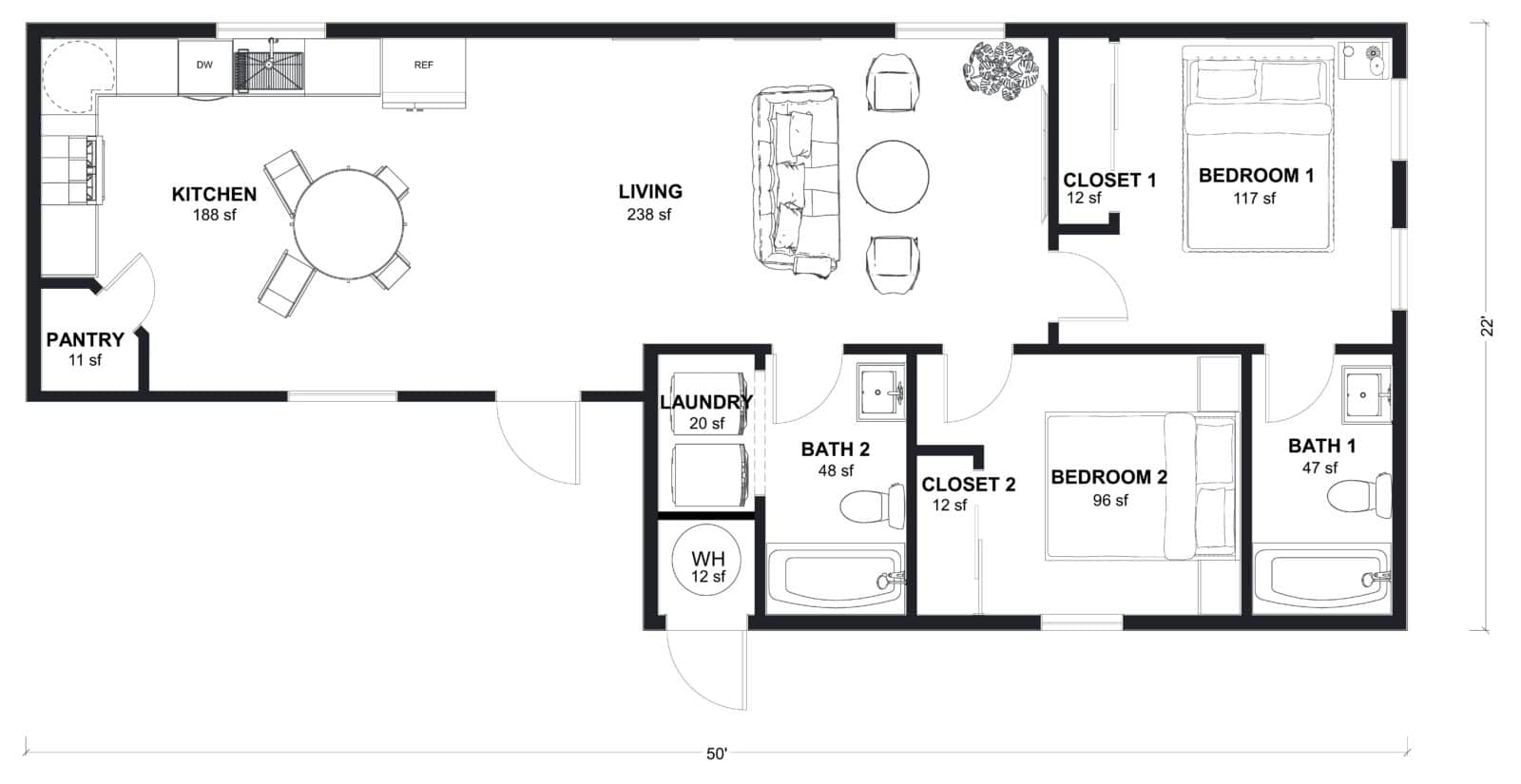 L-920: 2 Bedroom 920 SF ADUFloor Plan