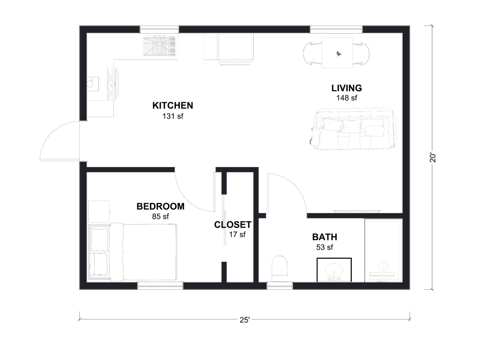 M-500: 1 Bedroom 500 SF ADUFloor Plan