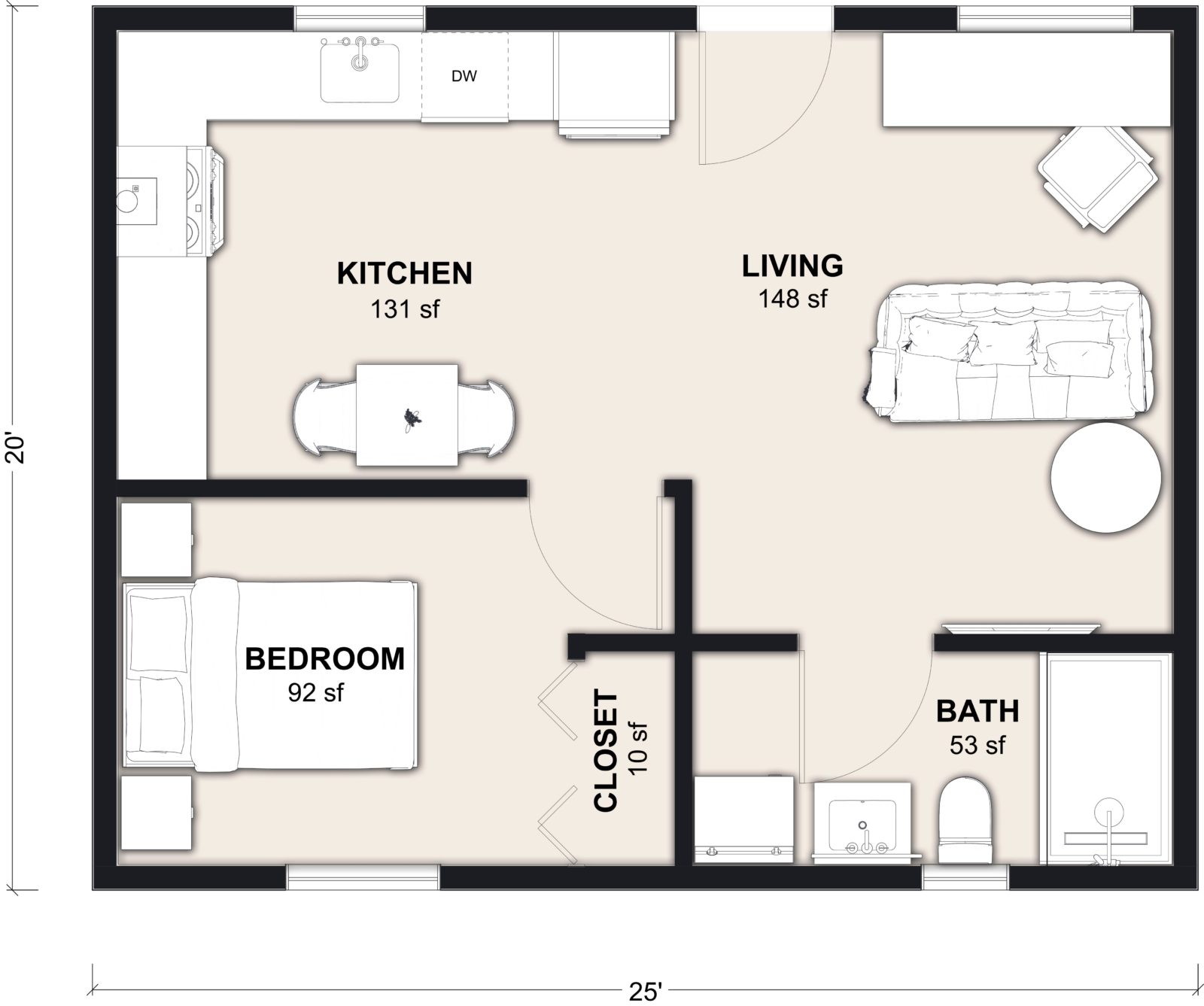 M-500: 1 Bedroom 500 SF ADUFloor Plan