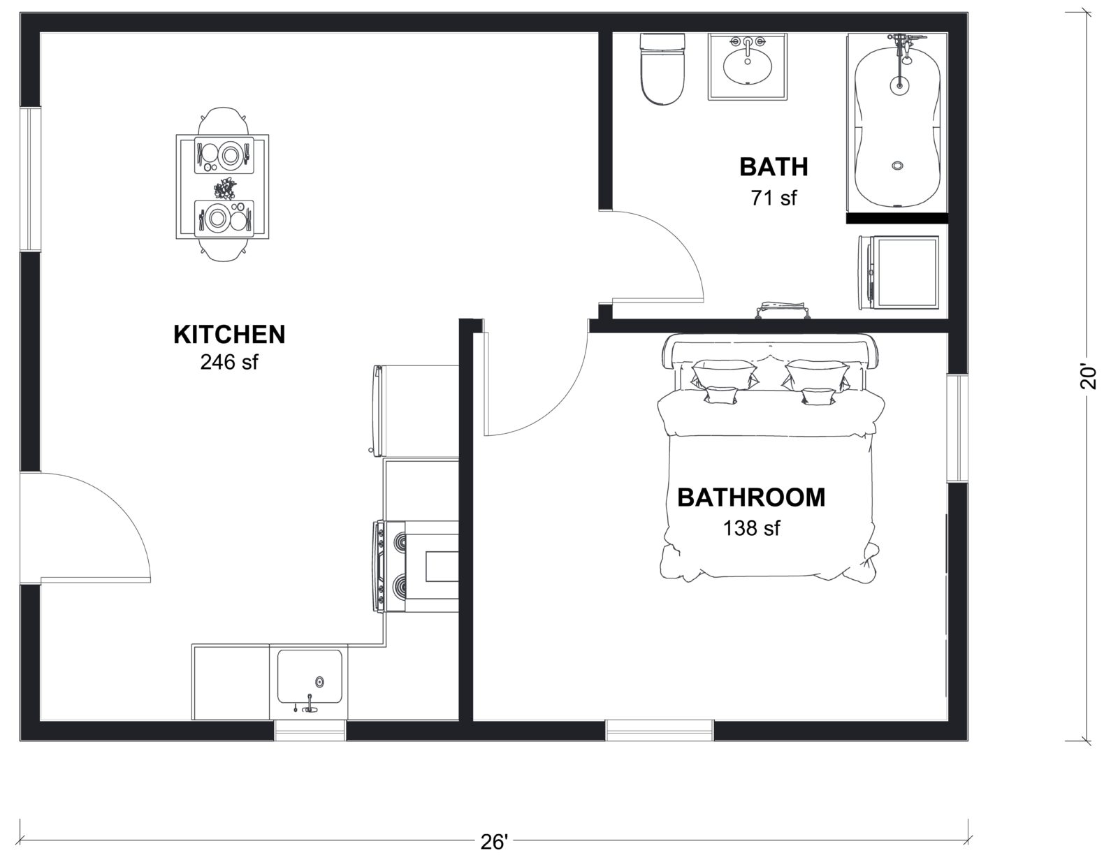 M-520: 1 Bedroom 520 SF ADUFloor Plan