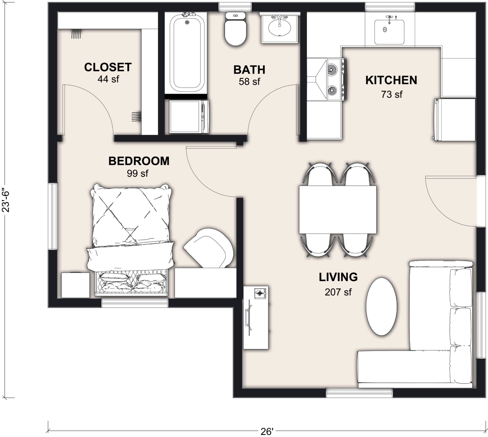 M-550: 1 Bedroom 550 SF ADUFloor Plan