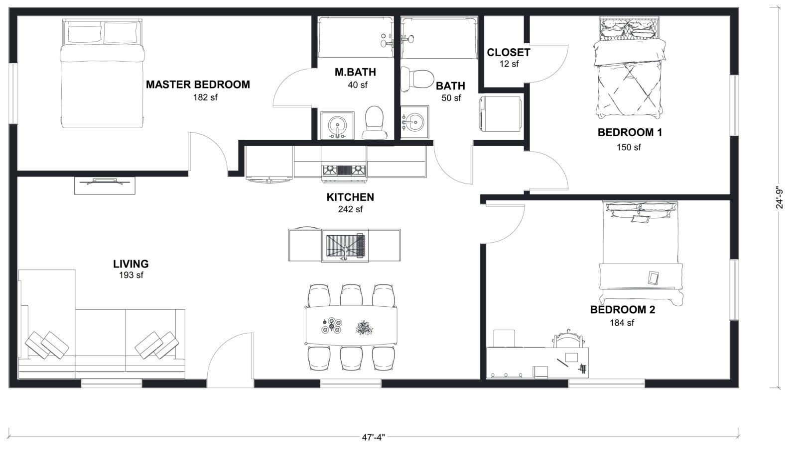 XL-1175: 3 Bedroom 1175 SF ADUFloor Plan