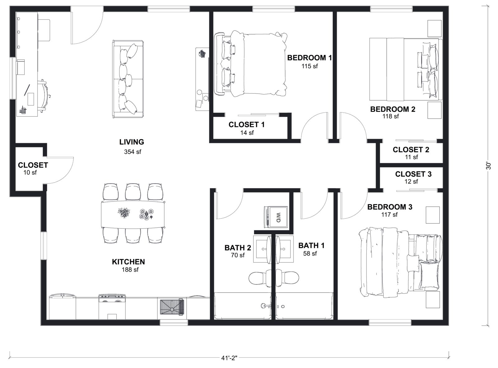 XL-1200: 3 Bedroom 1200 SF ADUFloor Plan