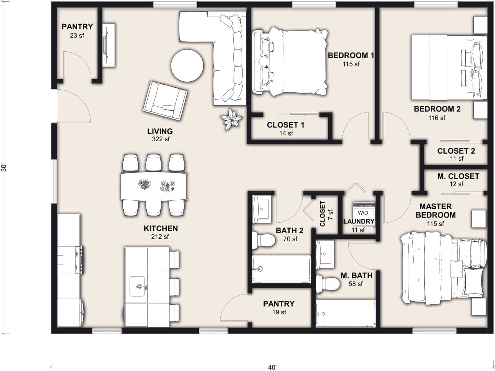 XL-1200: 3 Bedroom 1200 SF ADUFloor Plan