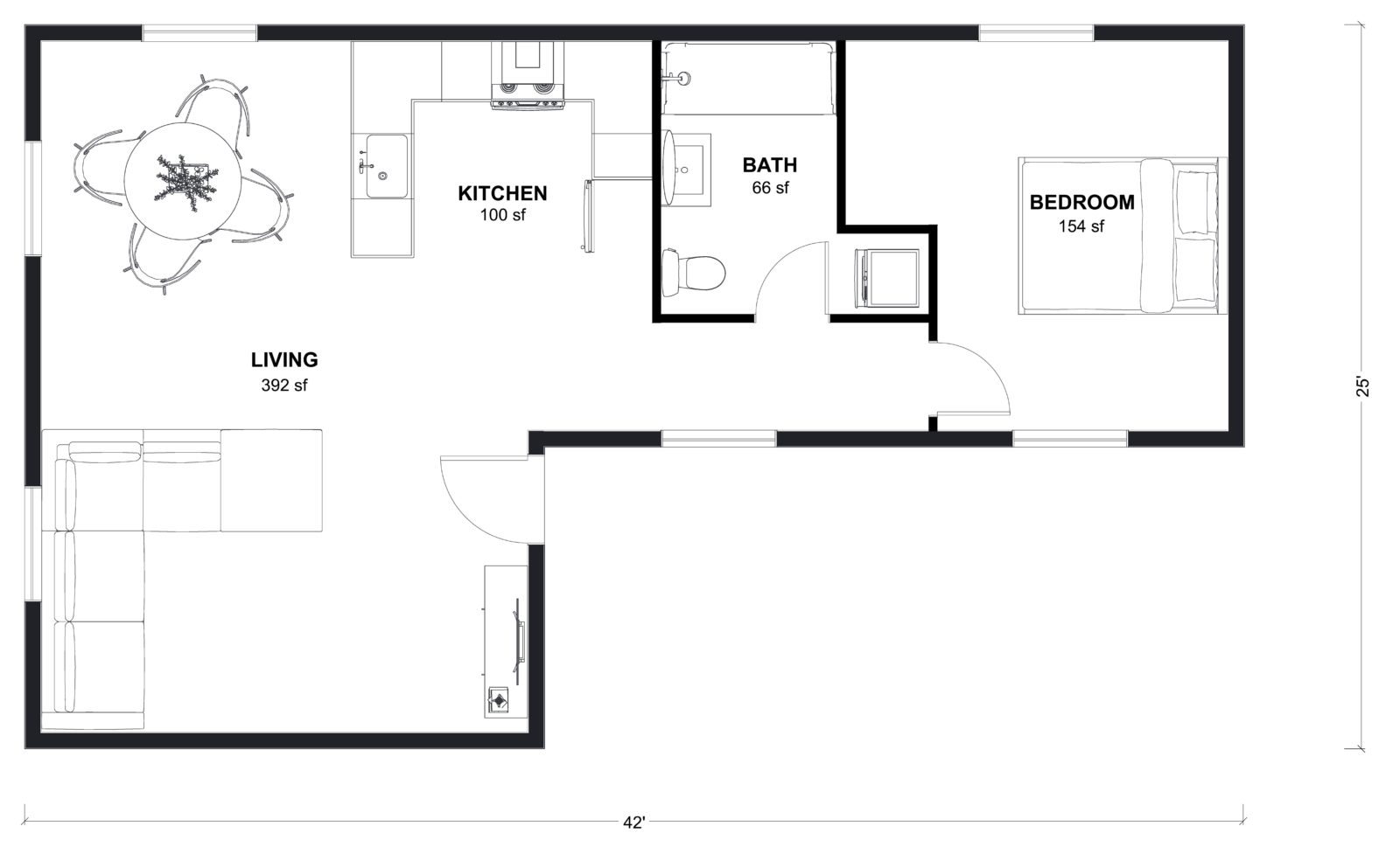M-800: 1 Bedroom 800 SF ADUFloor Plan