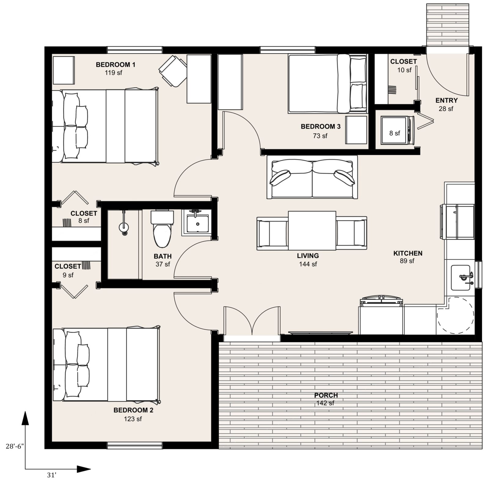 XL-749: 3 Bedroom 743 SF ADUFloor Plan