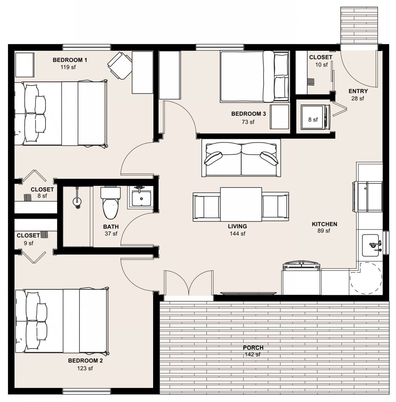 XL-749: 3 Bedroom 749 SF ADUFloor Plan