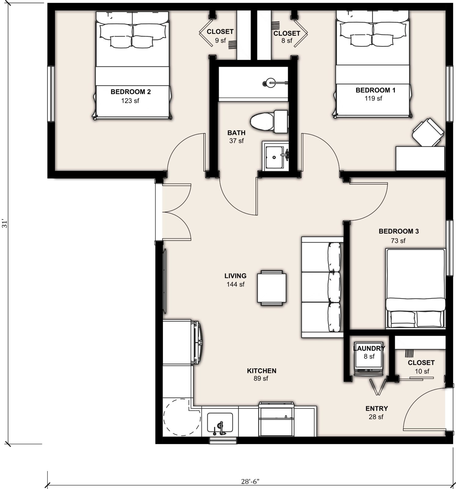 XL-749: 3 Bedroom 749 SF ADUFloor Plan