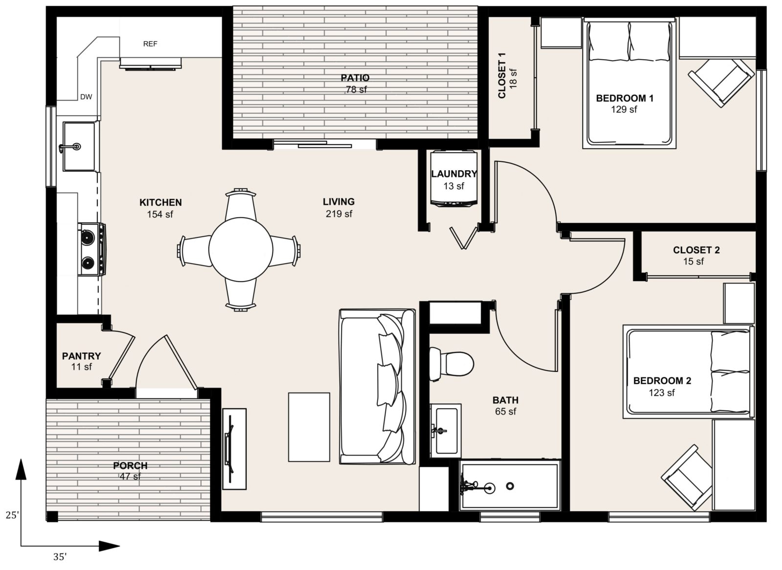 L-749A: 2 Bedroom 753 SF ADUFloor Plan