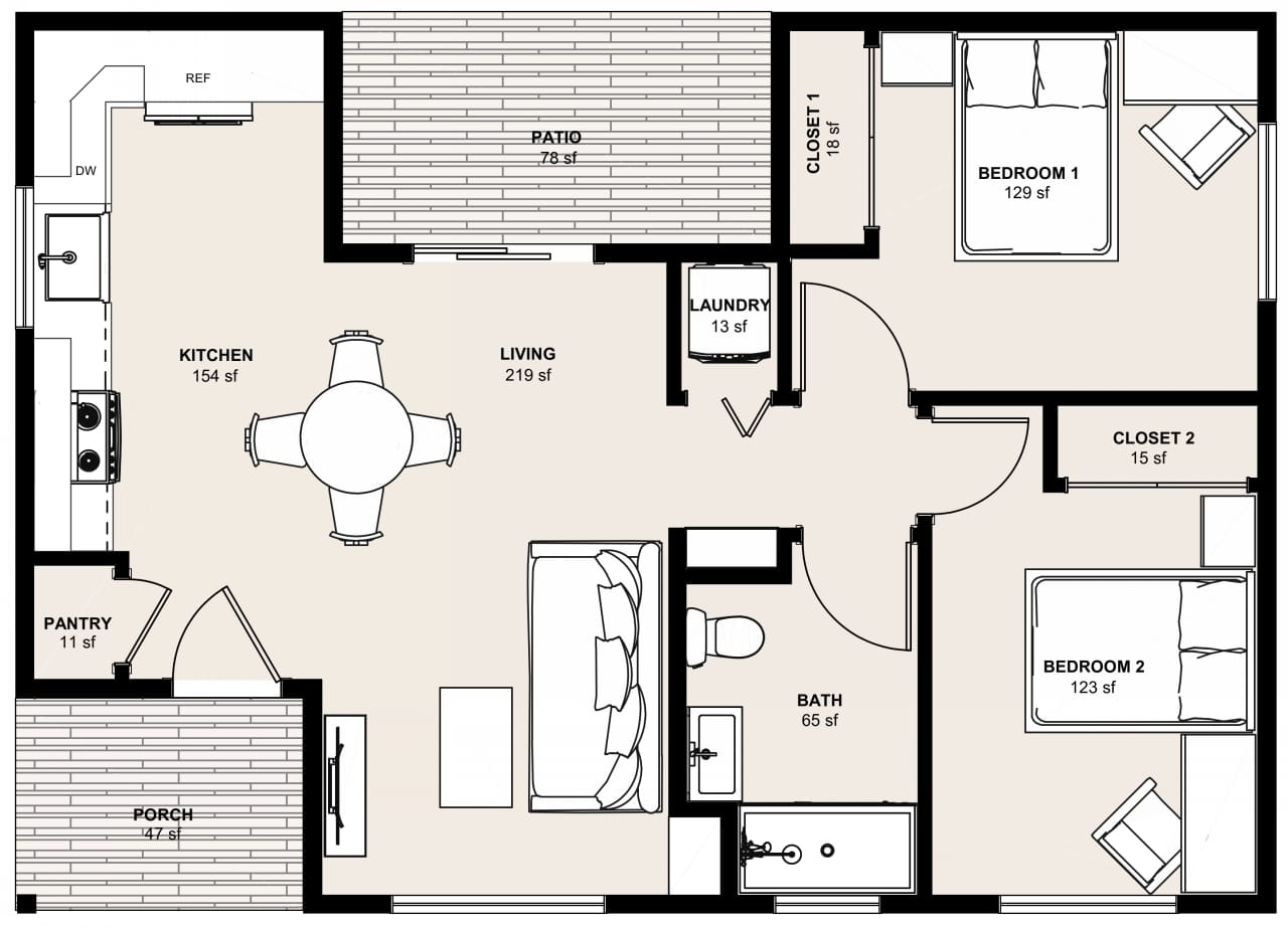 L-749A: 2 Bedroom 753 SF ADUFloor Plan