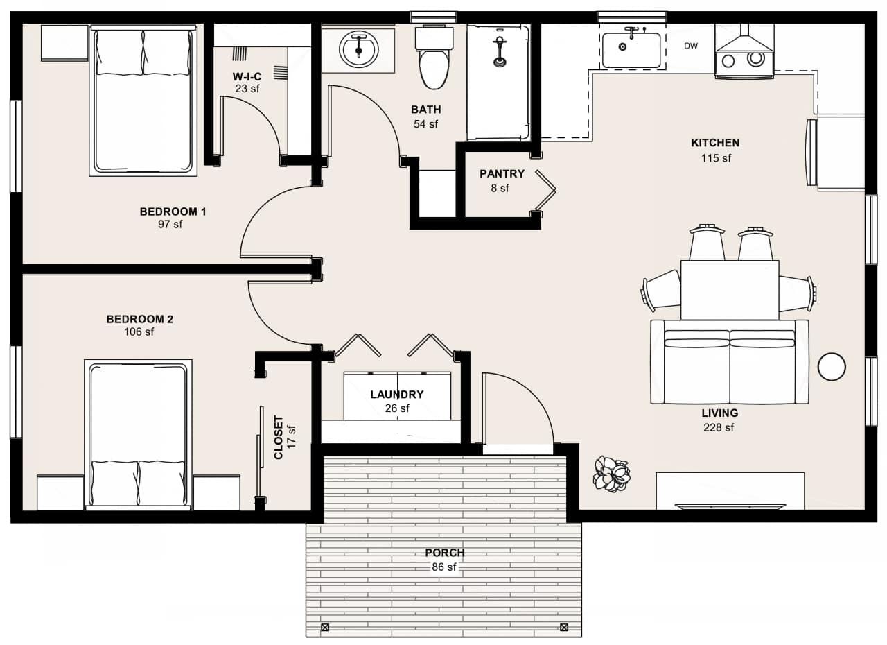 L-749B: 2 Bedroom 749 SF ADUFloor Plan