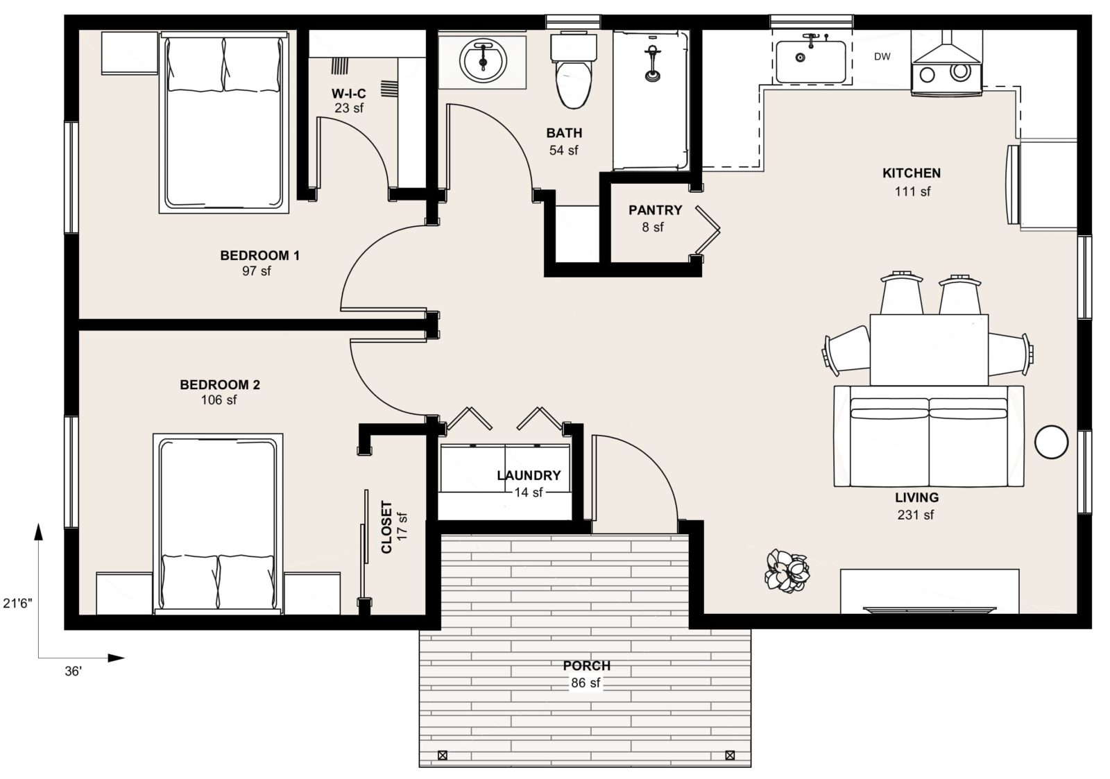 L-749B: 2 Bedroom 749 SF ADUFloor Plan