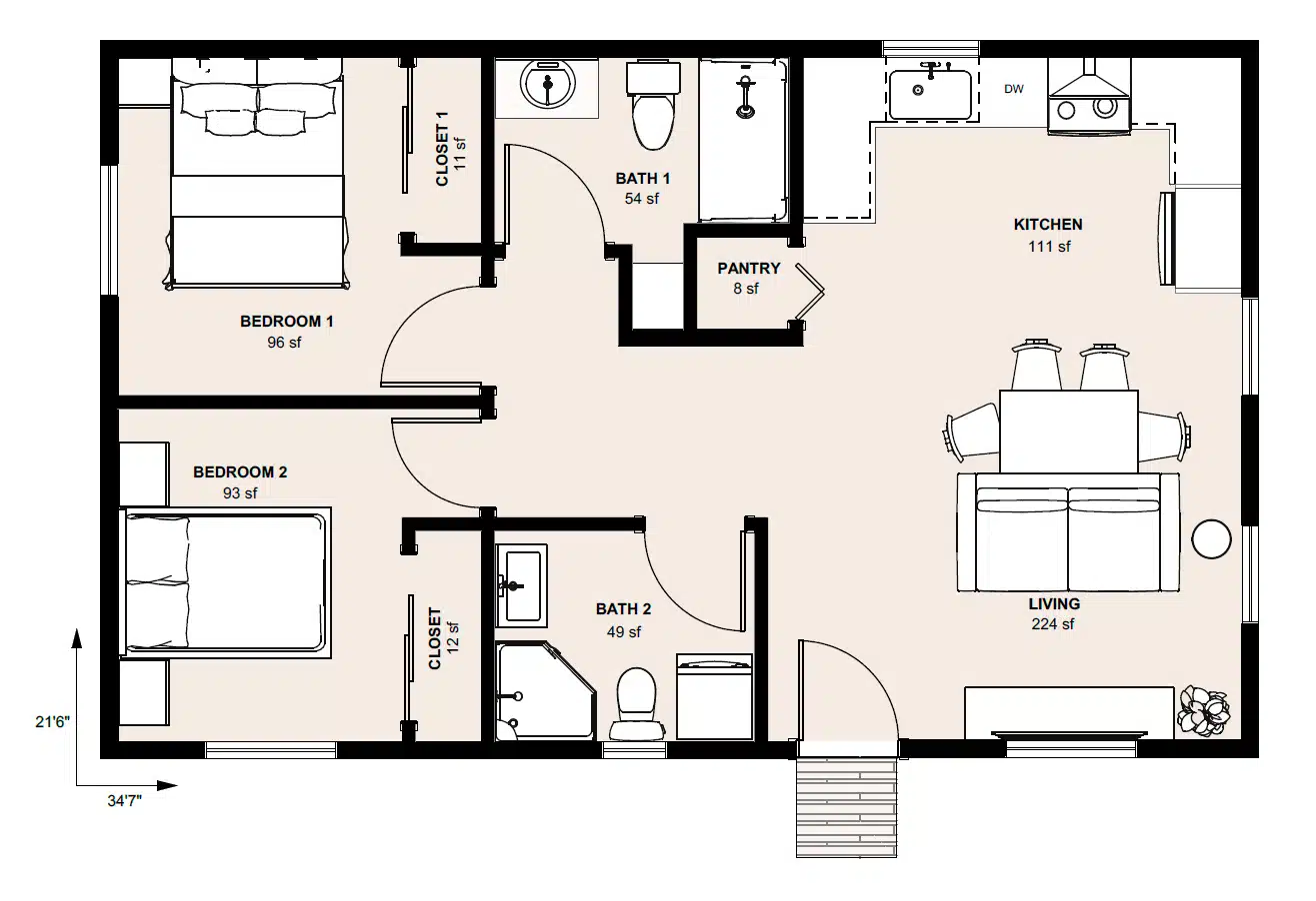 L-749B: 2 Bedroom 749 SF ADUFloor Plan