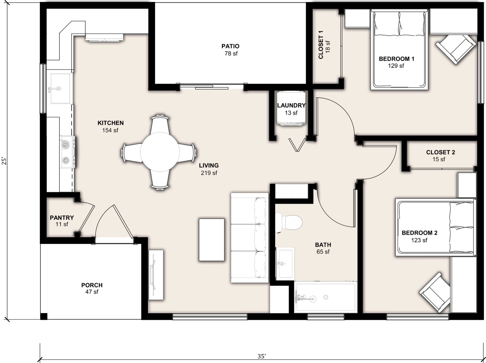 L-749A: 2 Bedroom 749 SF ADUFloor Plan